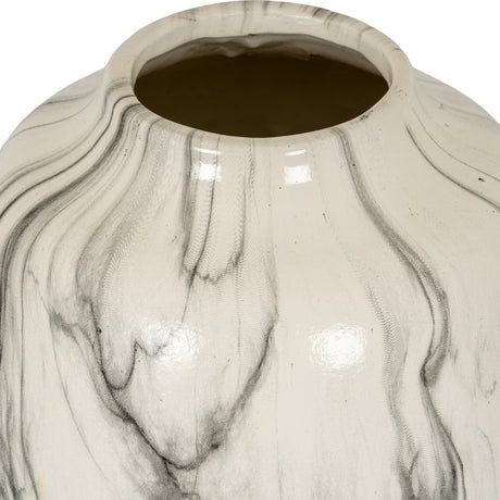 Close-up of Hill Interiors Marble Effect Ceramic Olpe Vase in white with soft grey veining, showing the rounded body and tapered neck opening.