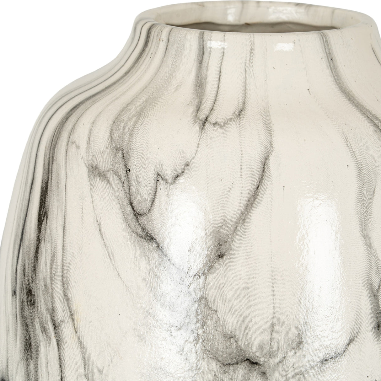 Close-up of the Hill Interiors Marble Effect Ceramic Olpe Vase in white, showing the glazed surface with soft grey marbled veining and tapered neck.