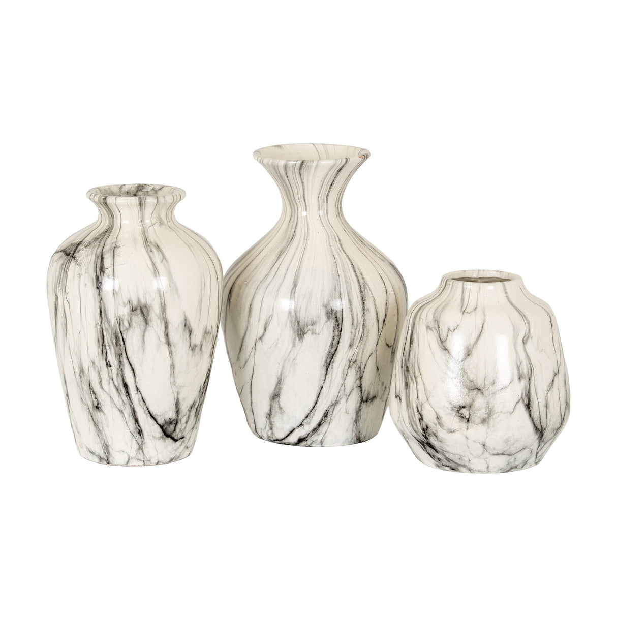Hill Interiors Marble Effect Ceramic Olpe Vase in white with grey veining, shown as a trio of varying shapes and heights on a plain background.