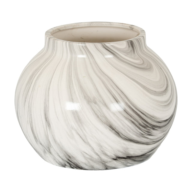Hill Interiors Marble Effect Ceramic Planter in white with grey swirling veining, rounded body and wide opening, shown on a plain background.