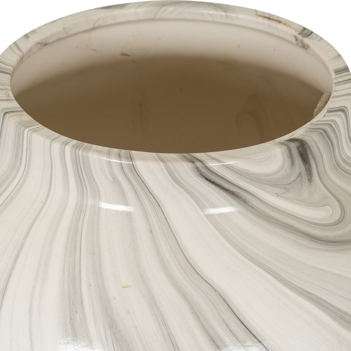 Close-up of the Hill Interiors Marble Effect Ceramic Planter in white with grey veining, showing the wide glazed opening and rounded body.