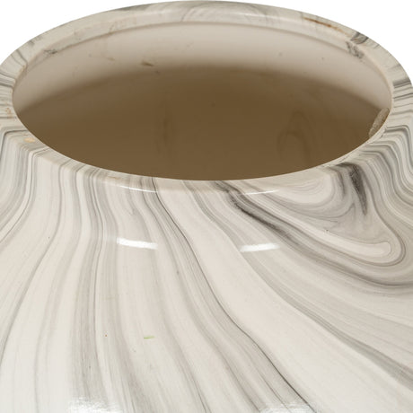 Close-up of the Hill Interiors Marble Effect Ceramic Planter in white with grey veining, showing the wide glazed opening and rounded body.