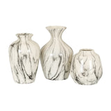 Hill Interiors Marble Effect Ceramic Planter set of three in white glaze with grey veining, in varied rounded shapes, on a plain white background.