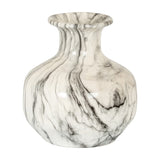 Hill Interiors Marble Effect Squat Ceramic Vase in white with grey veining, featuring a rounded body and tapered neck, on a plain background.