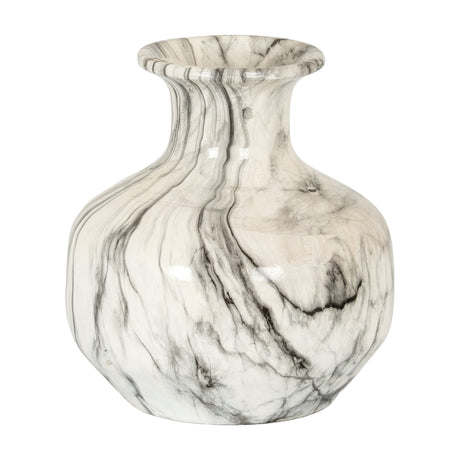 Hill Interiors Marble Effect Squat Ceramic Vase in white with grey veining, featuring a rounded body and tapered neck, on a plain background.