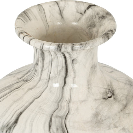 Hill Interiors Marble Effect Squat Ceramic Vase in white with flared rim, tapered neck and grey marbled veining on a glossy surface.
