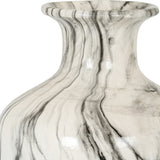 Close-up of Hill Interiors Marble Effect Squat Ceramic Vase in white with grey veining, showing the tapered neck and flared rim.