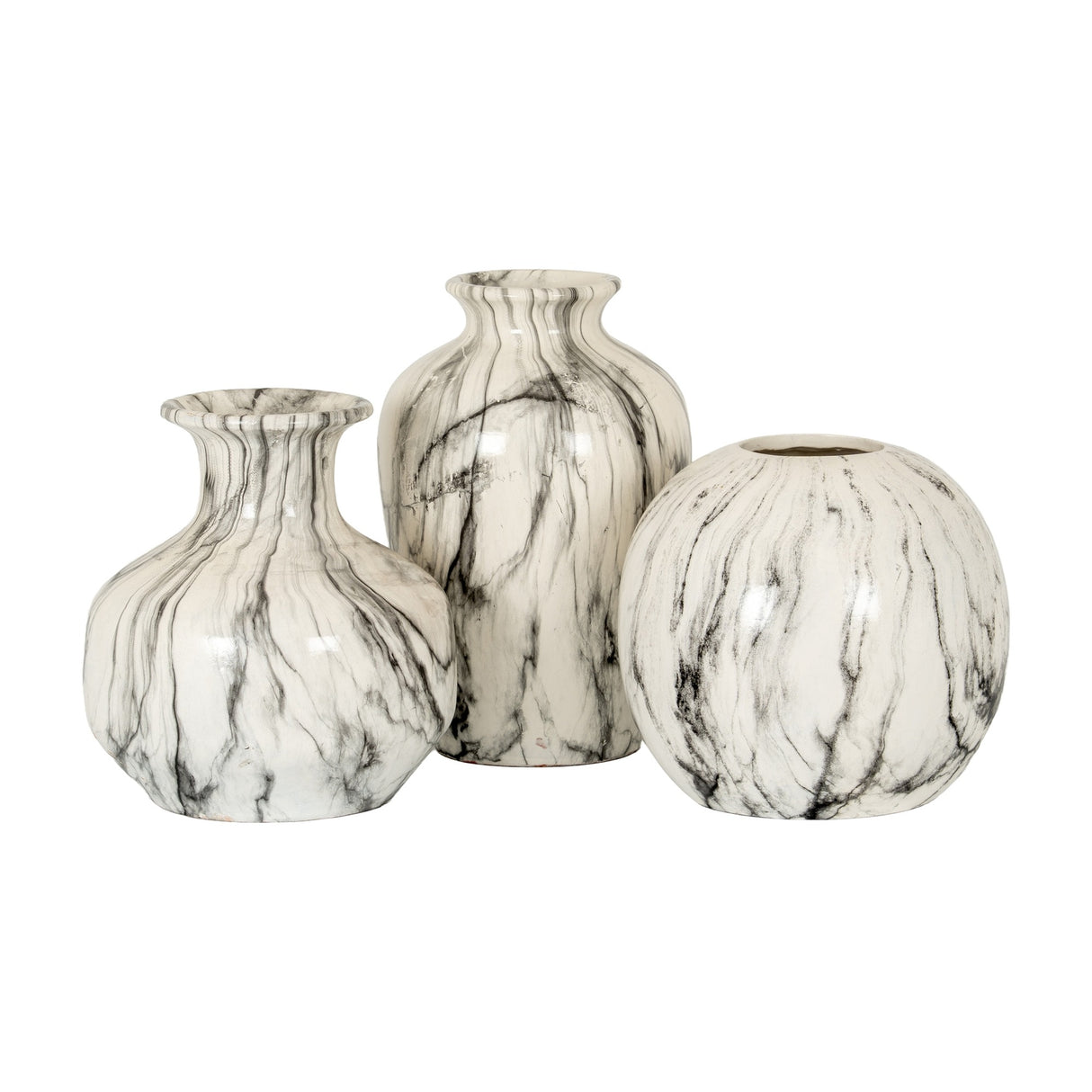 Hill Interiors Marble Effect Squat Ceramic Vases in white with grey veining, shown in three shapes grouped on a plain white background.