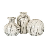 Hill Interiors Marble Effect Squat Ceramic Vases in white with grey veining, shown in three shapes grouped on a plain white background.