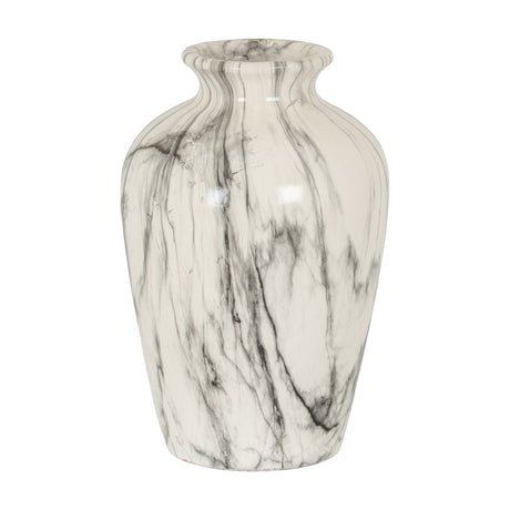 Hill Interiors Marble Effect Ceramic Vase in white with grey veining, urn-shaped with a narrow neck and satin sheen, shown on a plain background.