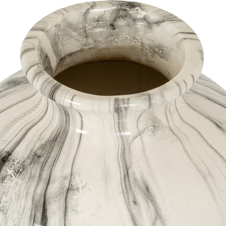 Close-up of Hill Interiors Marble Effect Ceramic Vase in white with pale grey veining, showing the rounded rim and full-bodied urn shape.