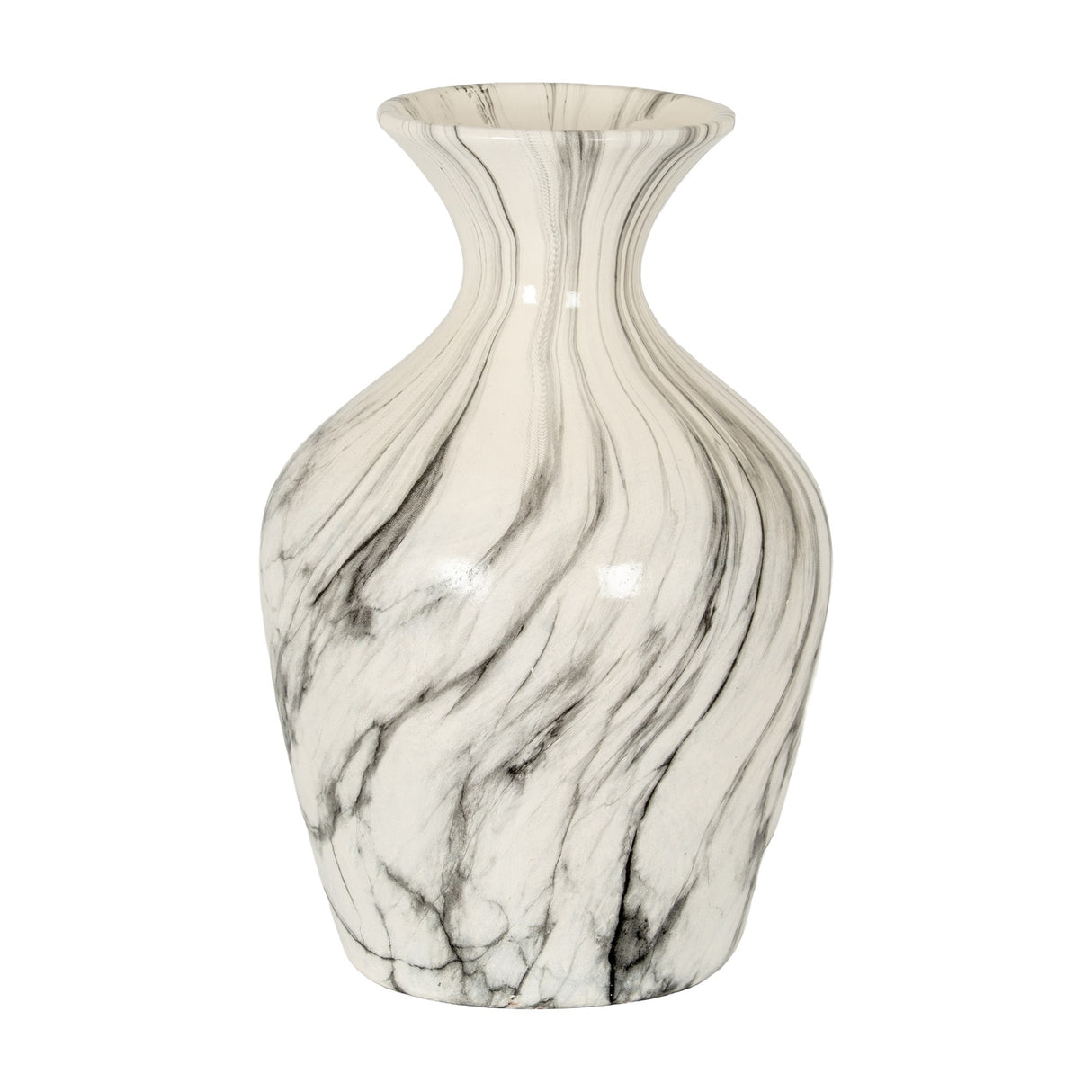 Hill Interiors Marble Effect Ellipse large ceramic vase in white with soft grey veining, curved body and narrow flared neck, on a plain background.