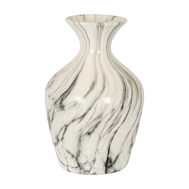 Hill Interiors Marble Effect Ellipse large ceramic vase in white with soft grey veining, curved body and narrow flared neck, on a plain background.