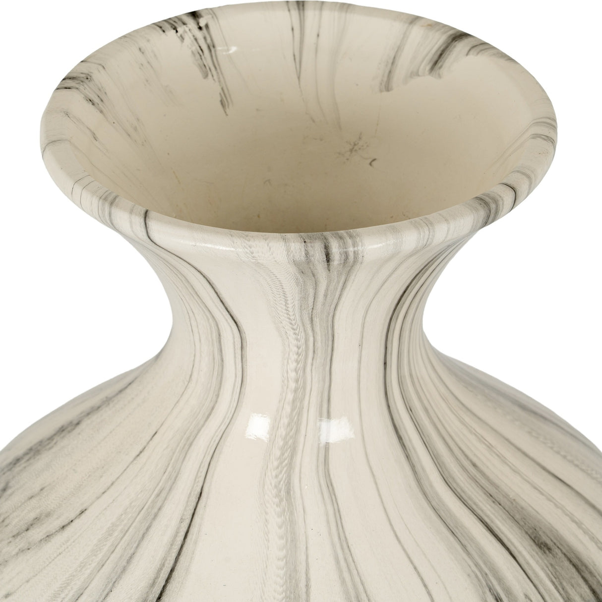Close-up of Hill Interiors Marble Effect Ellipse Large Ceramic Vase in white with soft grey veining, showing the flared neck and glossy finish.