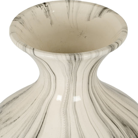 Close-up of Hill Interiors Marble Effect Ellipse Large Ceramic Vase in white with soft grey veining, showing the flared neck and glossy finish.