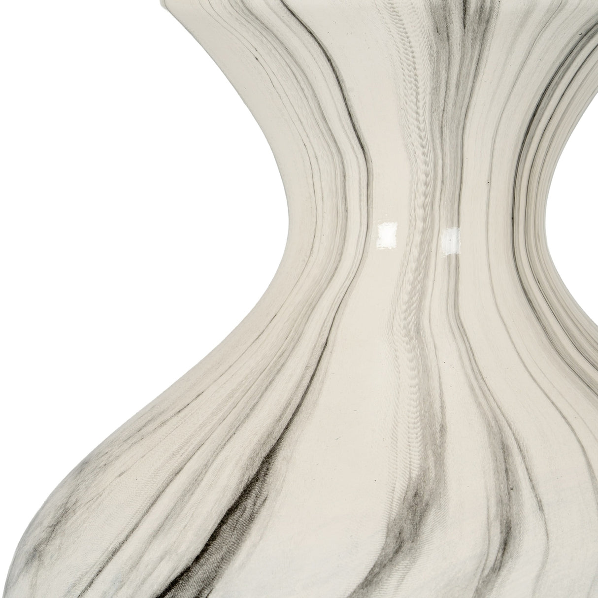 Close-up of the Hill Interiors Marble Effect Ellipse Large Ceramic Vase in white, showing the curved neck and soft grey veining across the glossy surface.