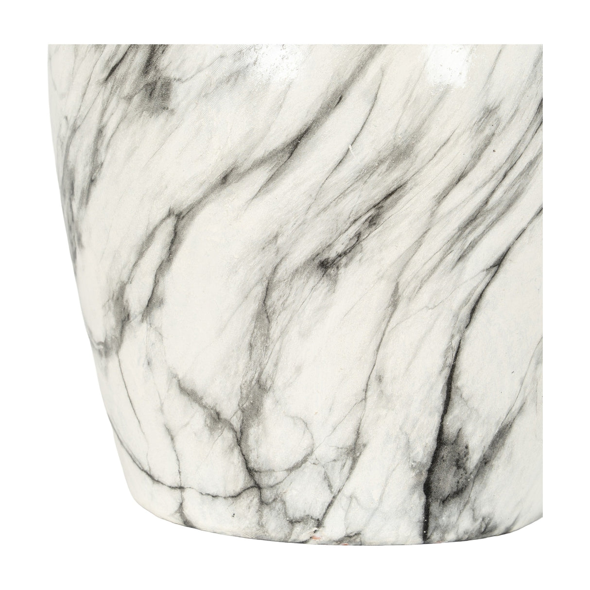 Close-up of the Hill Interiors Marble Effect Ellipse Large Ceramic Vase in white, showing the curved lower body with soft grey veining across the surface.