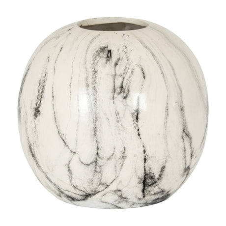 Hill Interiors Marble Effect Rounded Ceramic Vase in white with soft grey veining, featuring a spherical body and wide opening, on a plain white background.