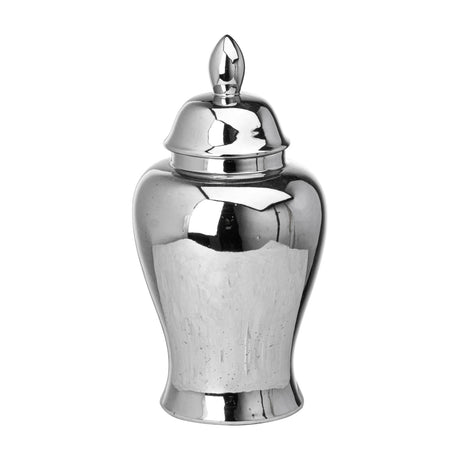 Hill Interiors Large Chrome Ceramic Ginger Jar in silver, with rounded tapered body, domed lid and pointed finial, shown against a plain white background.