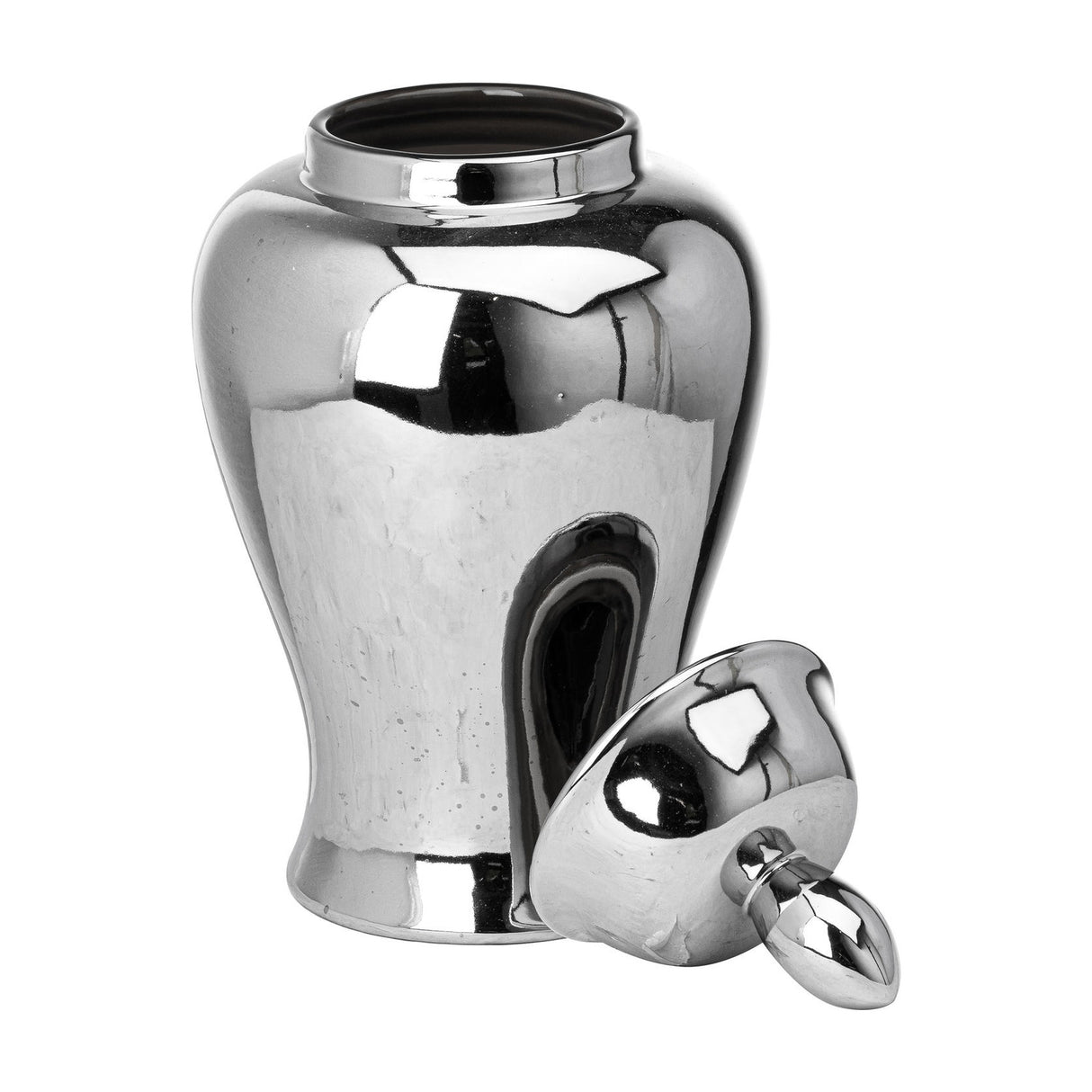 Hill Interiors Large Chrome Ceramic Ginger Jar in silver with its domed lid removed and placed beside the tapered body on a white background.