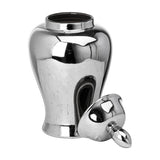 Hill Interiors Large Chrome Ceramic Ginger Jar in silver with its domed lid removed and placed beside the tapered body on a white background.