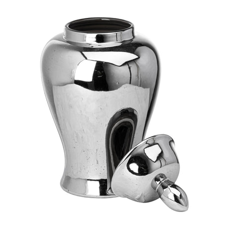 Hill Interiors Large Chrome Ceramic Ginger Jar in silver with its domed lid removed and placed beside the tapered body on a white background.