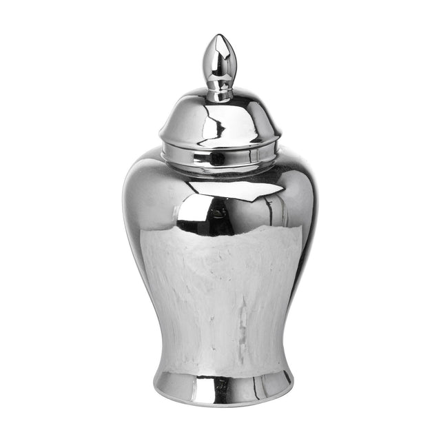 Hill Interiors Chrome Ceramic Ginger Jar in silver, with a rounded body, domed lid and pointed finial in a reflective mirror-like finish, on a white background.