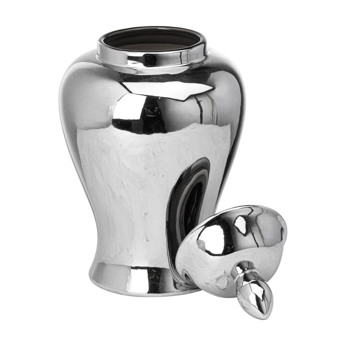 Hill Interiors chrome ceramic ginger jar in silver with rounded body and domed lid shown removed beside it on a plain white background.