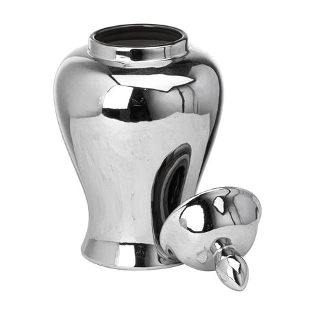 Hill Interiors chrome ceramic ginger jar in silver with rounded body and domed lid shown removed beside it on a plain white background.
