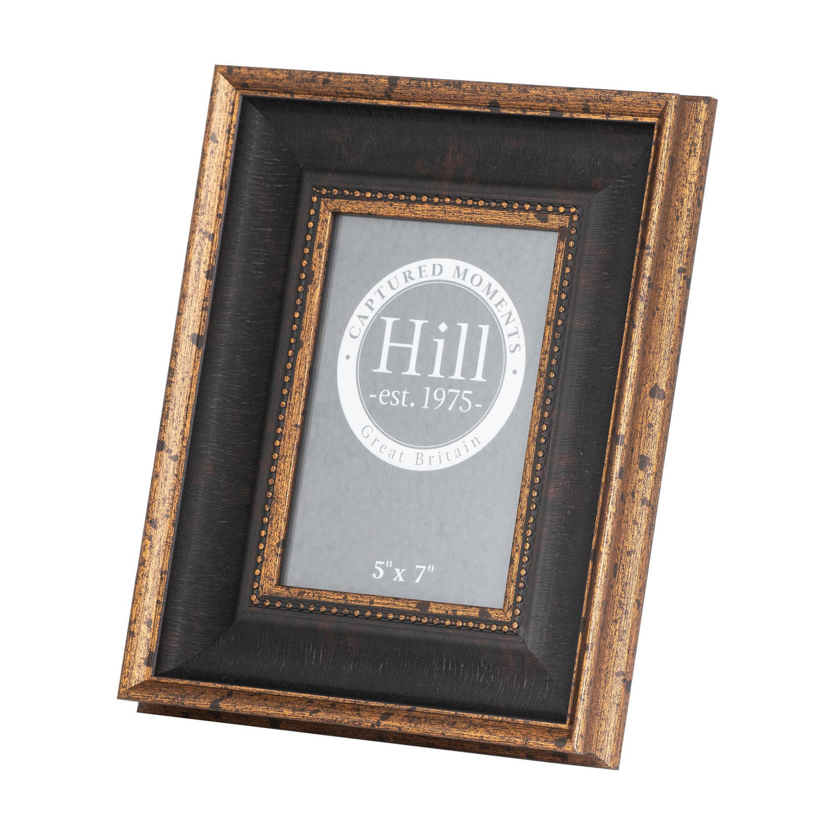 Hill Interiors black and antique gold beaded 5x7in wooden photo frame with distressed gilt edges, shown freestanding on a plain white background.