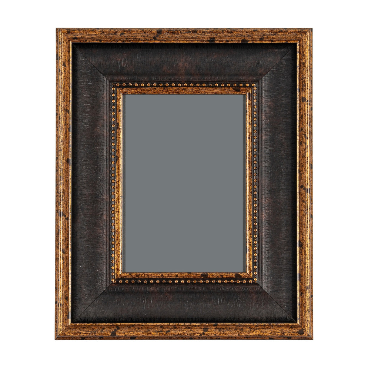 Hill Interiors Black and Antique Gold Beaded Photo Frame with wooden surround, distressed gold edges and beaded inner border, shown on a plain white background.