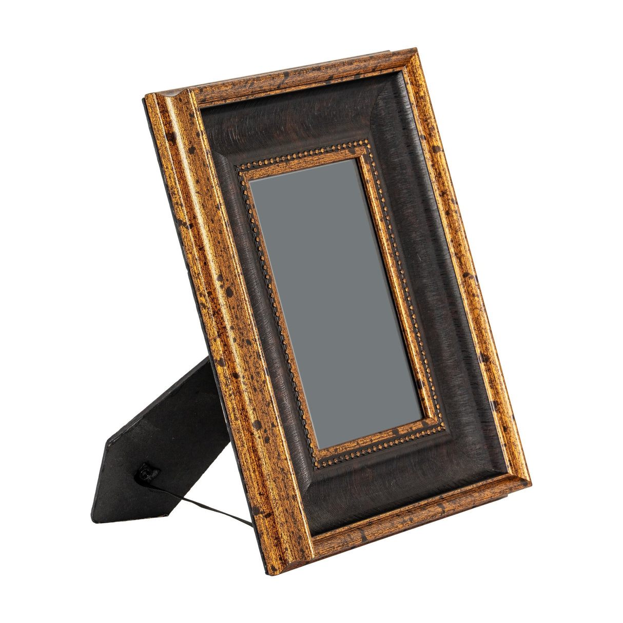 Hill Interiors black and antique gold beaded photo frame upright with rear strut, showing distressed wooden border on a white background.