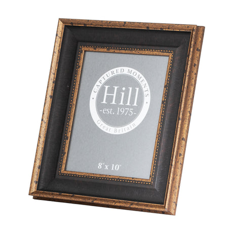 Hill Interiors black and antique gold beaded 8x10in wooden photo frame with distressed gilt edge and painted black surround, shown on a white background.