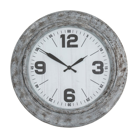 Hill Interiors Round Glass Wall Clock in silver, with a distressed metallic frame, white dial, bold numerals and slim black hands on a plain background.