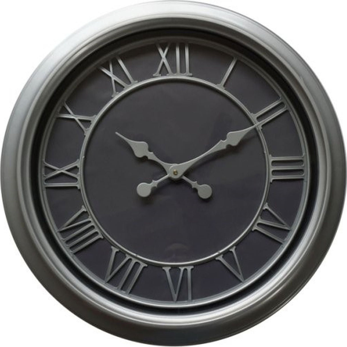 Hill Interiors Round Glass Wall Clock 59cm in silver, with Roman numerals and ornate hands on a dark face behind a slim silver frame.