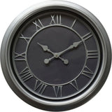 Hill Interiors Round Glass Wall Clock 59cm in silver, with Roman numerals and ornate hands on a dark face behind a slim silver frame.