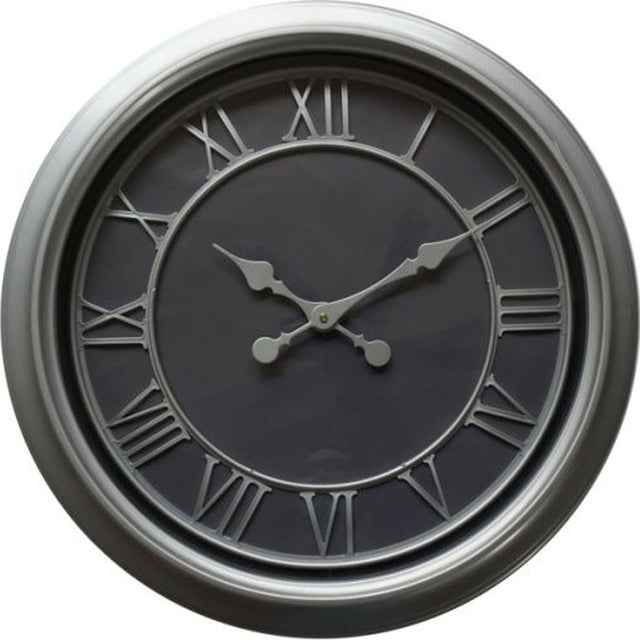 Hill Interiors Round Glass Wall Clock 59cm in silver, with Roman numerals and ornate hands on a dark face behind a slim silver frame.