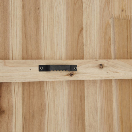Close-up of the light wood back panel showing a black metal sawtooth hanging bracket on the Hill Interiors Round Glass Wall Clock 59cm in silver.