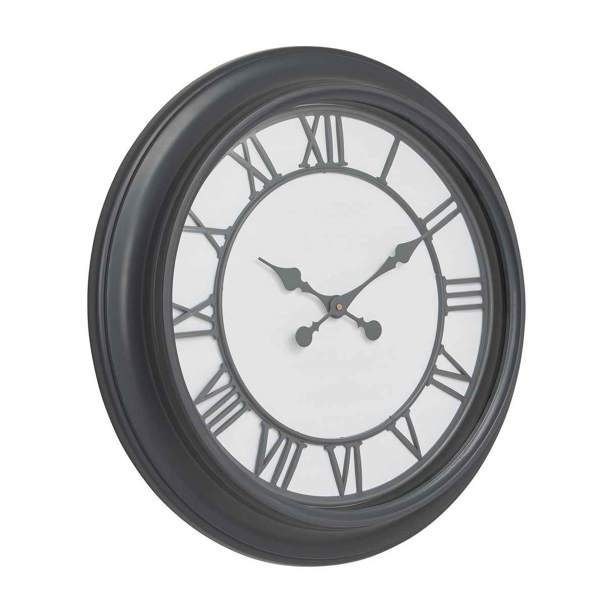 Hill Interiors 59cm round wall clock with a black frame, white face, grey Roman numerals and ornate grey hands, shown on a plain white background.