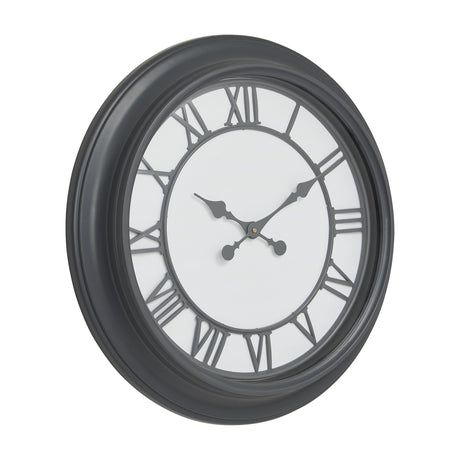 Hill Interiors 59cm round wall clock with a black frame, white face, grey Roman numerals and ornate grey hands, shown on a plain white background.