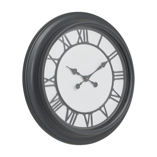 Hill Interiors 59cm round wall clock with a black frame, white face, grey Roman numerals and ornate grey hands, shown on a plain white background.