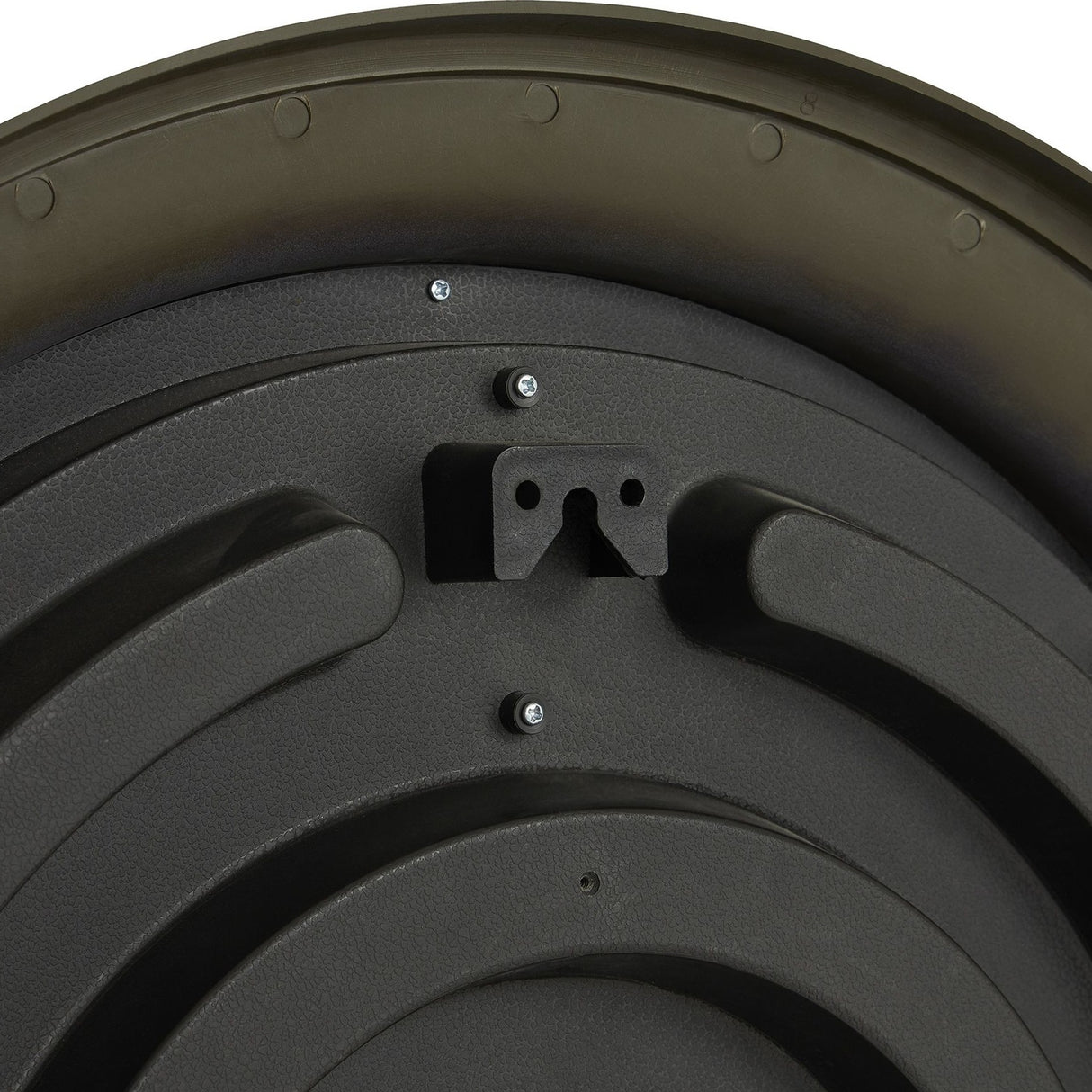 Close-up of the rear mounting bracket and screws on the Hill Interiors Round Glass Wall Clock 59cm in black.