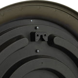Close-up of the rear mounting bracket and screws on the Hill Interiors Round Glass Wall Clock 59cm in black.