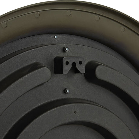 Close-up of the rear mounting bracket and screws on the Hill Interiors Round Glass Wall Clock 59cm in black.
