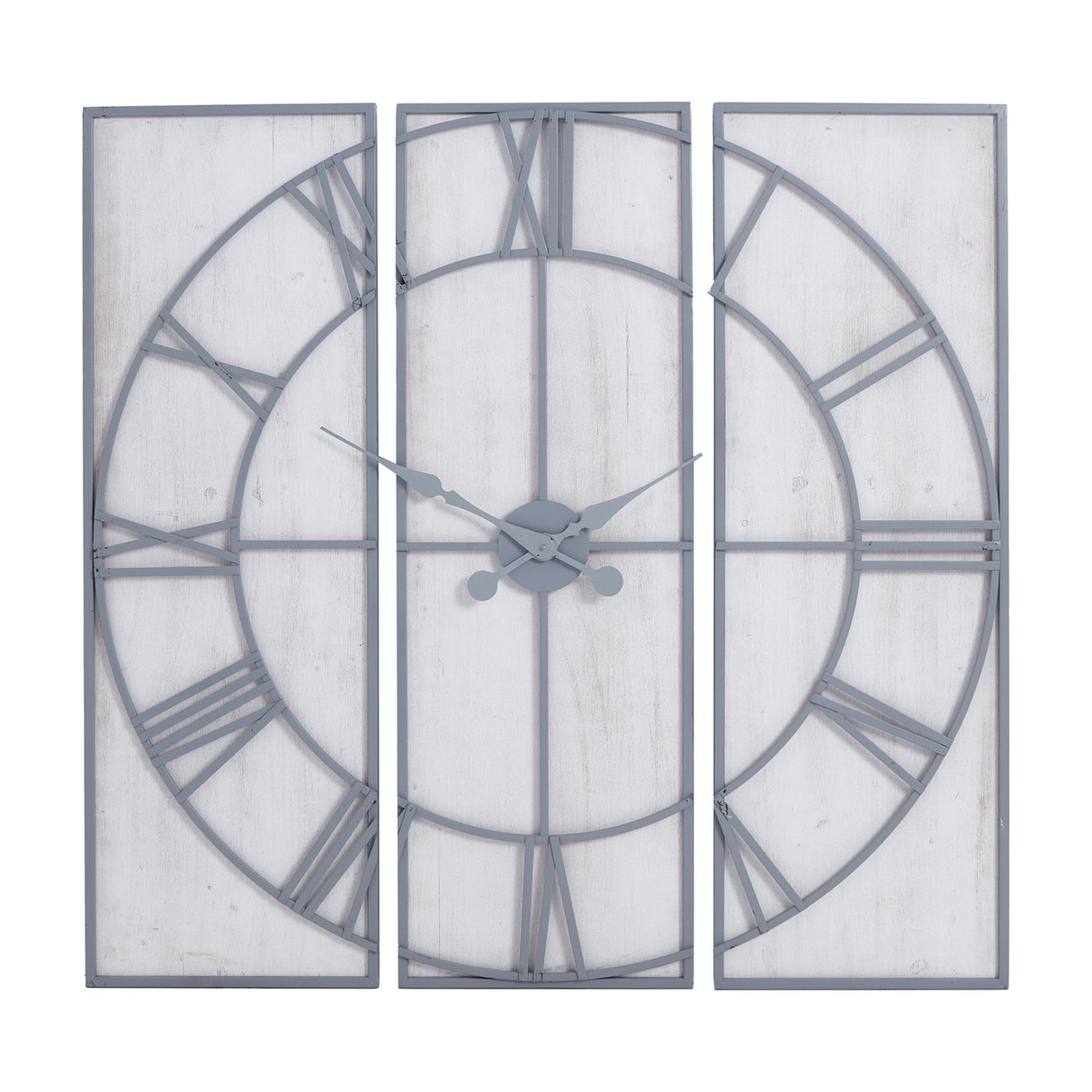 Hill Interiors Panelled Metal Wall Clock in silver, three-panel design with open Roman numeral dial and central hands on a plain background.