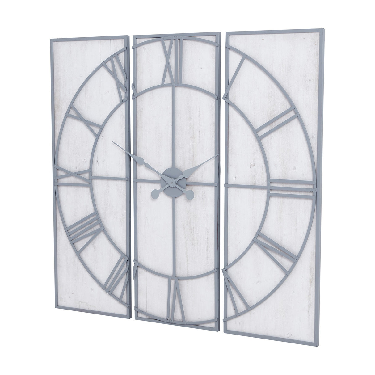 Hill Interiors Panelled Metal Wall Clock in silver, three-panel design with open Roman numeral dial and central hands, shown at an angle on white.