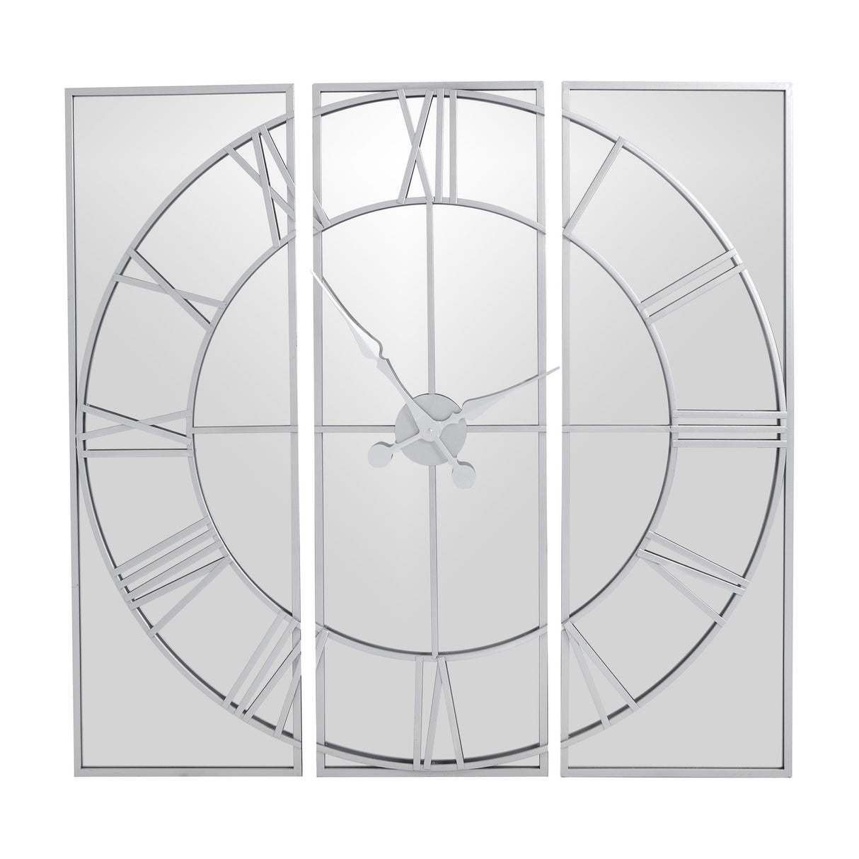 Hill Interiors Mirrored Round Wall Clock 112cm in silver, a three-panel mirrored glass design with Roman numerals and sweeping hands on a plain background.