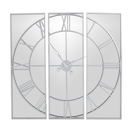 Hill Interiors Mirrored Round Wall Clock 112cm in silver, a three-panel mirrored glass design with Roman numerals and sweeping hands on a plain background.