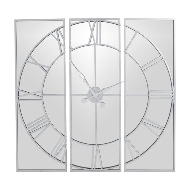 Hill Interiors Mirrored Round Wall Clock 112cm in silver, a three-panel mirrored glass design with Roman numerals and sweeping hands on a plain background.