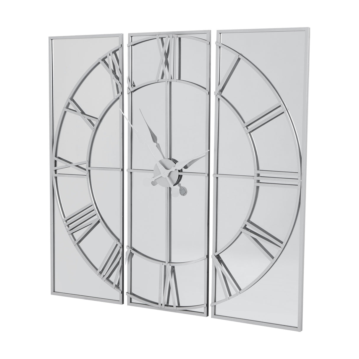 Hill Interiors Mirrored Round Wall Clock 112cm in silver, three-panel mirrored glass design with Roman numerals and skeleton frame, on a white background.